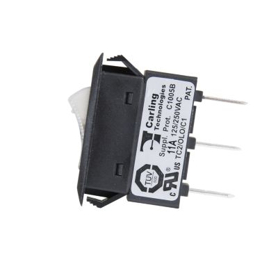 Illuminated Carling switch circuit breaker with clear casing and visible electrical prongs on a white background.