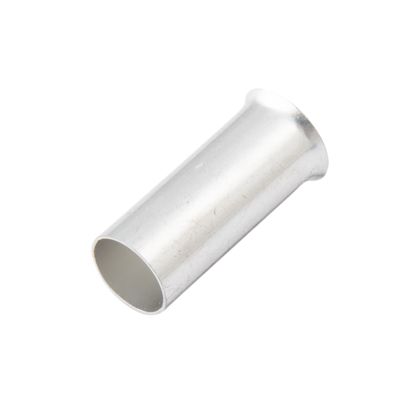Silver non-insulated wire ferrule for 8 gauge wiring, featuring a smooth cylindrical design with open and flared ends.