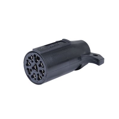 9-way round pin trailer connector in durable black nylon design, featuring a sturdy plug with secure attachment points.
