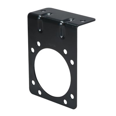 Black mounting bracket for 7-way blade trailer connector sockets, featuring multiple circular holes for secure installation.