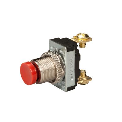Red SPST push button switch with metallic casing and visible terminals.