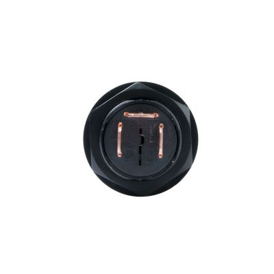 Momentary push button switch SPST with solder terminals, featuring a black outer casing and visible copper connections.