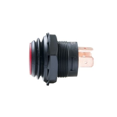 Black momentary push button switch with red top and solder terminals, side view.