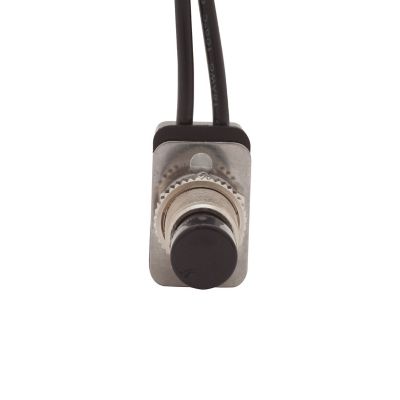ON-OFF push button switch with black knob and metal base, designed for SPST functionality, with attached black wires.