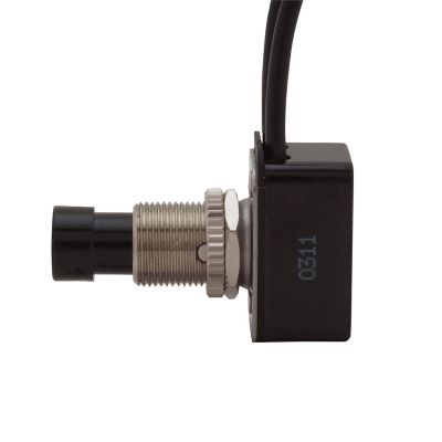 Black and silver ON-OFF push button switch with SPST configuration, showing side view of the switch casing and wiring.