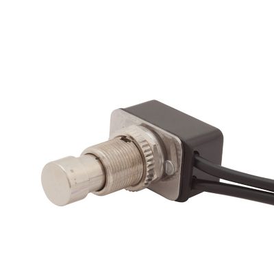 Chrome-finished SPST push button switch with wires, showcasing a sleek, durable design for on-off operation.