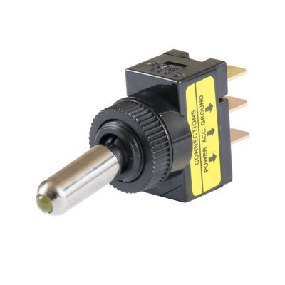Chrome lighted toggle switch with amber indicator, featuring DC-only rating and clear connection labels for easy installation.