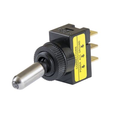 LED SPST on-off toggle switch in chrome, featuring a blue light indicator, DC rated for enhanced circuit control.