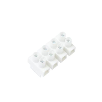 Molex terminal strip, 4 gang, 30 amp product, white, top view, connectors visible, electrical component.
