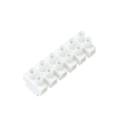 Molex 6 gang terminal strip with six connection ports, designed for 30 amp capacity, white color.