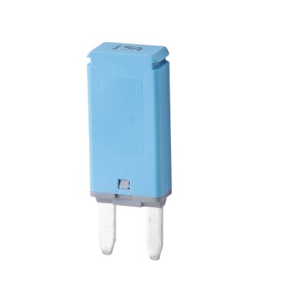 Blue auto reset MINI¬Æ circuit breaker with blade style, 15 amp capacity, ideal for automotive electrical applications.