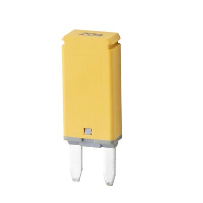 Yellow MINI Circuit Breaker with blade style design, 20 Amp rating, ideal for auto applications with auto-reset feature.