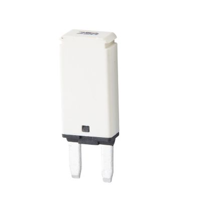 White blade-style auto reset MINI¬Æ circuit breaker with dual metal prongs, showcasing its compact design for electrical safety.