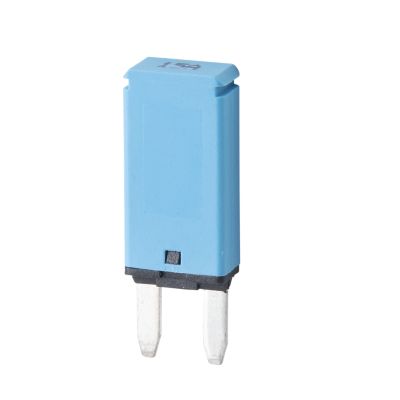 Blue blade style MINI circuit breaker, 15 Amp capacity, showcasing a modified reset design.