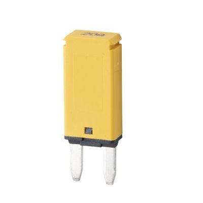 Yellow blade style mini circuit breaker, modified reset, 20 amp capacity. Ideal for automotive and electrical applications.