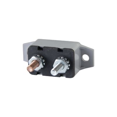 Gray plastic inline mount circuit breaker with two metal terminals, featuring auto reset functionality for 32VDC applications.