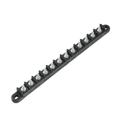 Eaton Bussmann terminal block with 12 zinc-plated steel studs for secure electrical connections, 30 Amp, 600V.