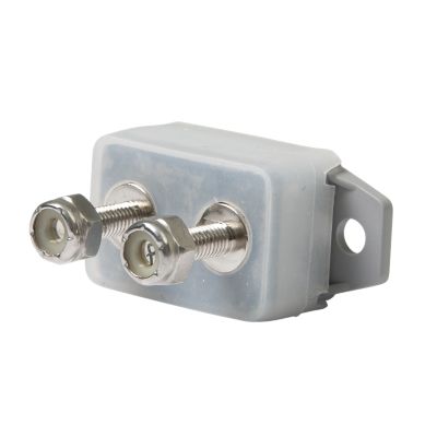 Marine grade manual reset circuit breaker with dual metal terminals and protective gray casing. Ideal for marine electrical systems.
