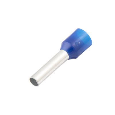 Blue insulated wire ferrule with metal pin, ideal for electrical connections and wire termination.