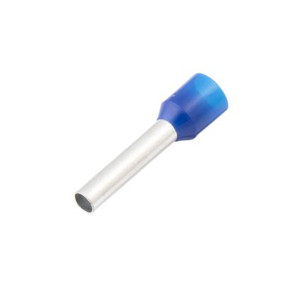 Blue insulated wire ferrule with metal pin, ideal for electrical connections and enhancing wire performance.