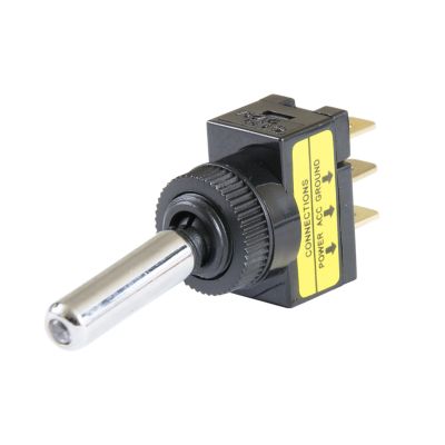 Chrome LED toggle switch with long handle and blue light, DC rated.