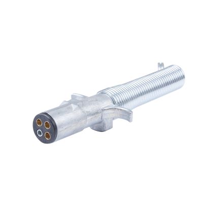 Metal 4-way trailer connector plug with cable guard, featuring a durable design for secure electrical connections.