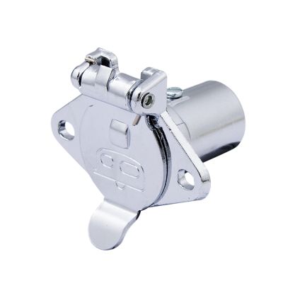 Chrome metal 4-way trailer connector socket with hinged cover displayed on a white background.