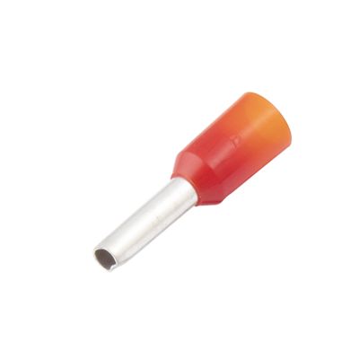 Red insulated wire ferrule with metal pin, suitable for 18 gauge wiring.