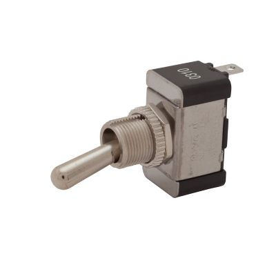 SPST On-Off toggle switch with solder terminals, featuring a metallic lever and assembled design.