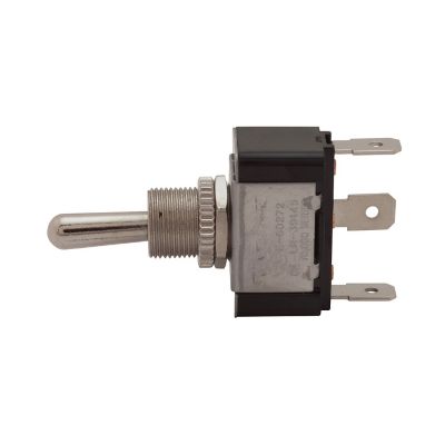 Heavy-duty SPDT toggle switch with flat terminals and O-ring for secure connections.