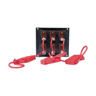 Six-way toggle switch panel with red wires, suitable for DC applications, featuring a sturdy black design for efficient power control.