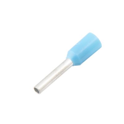 Blue insulated wire ferrule with a metal pin for electrical connections.