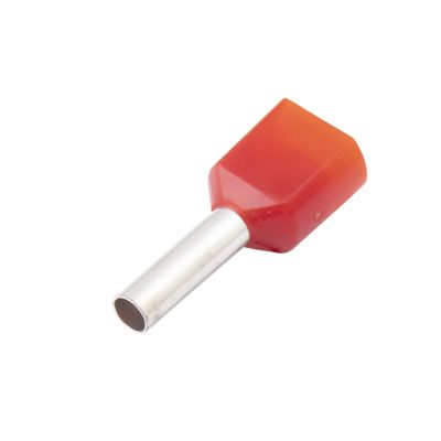 Red twin insulated wire ferrule with silver pin, highlighting the durable construction and vibrant color.