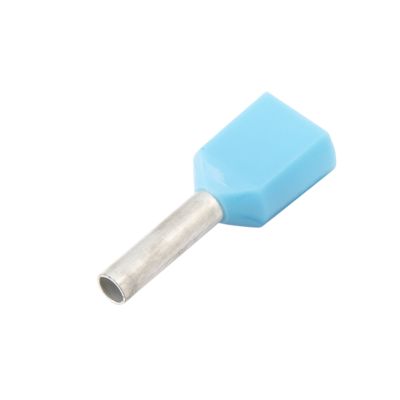 Blue twin insulated wire ferrule with metal pin, suitable for electrical applications.