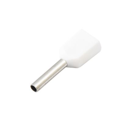 White twin insulated wire ferrule with metallic pin, suitable for electrical connections and efficient wire termination.