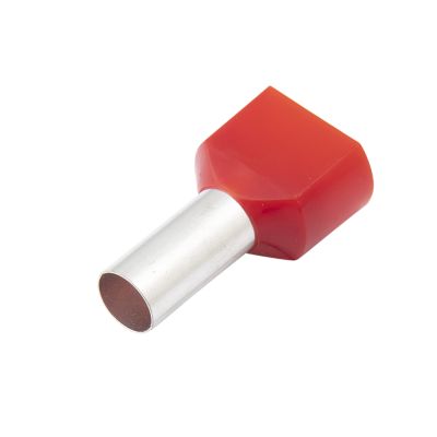 Brown twin insulated wire ferrule with a metal pin, designed for secure electrical connections.