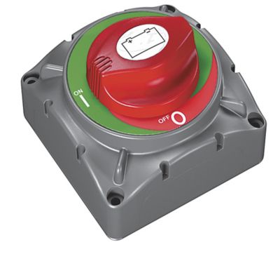 Heavy Duty double pole battery switch made by BEP with a gray bottom and red dial