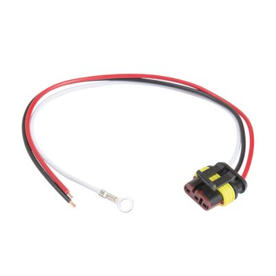 Weathertight pigtail with red, black, and white wires, featuring a yellow and black connector by Optronics.