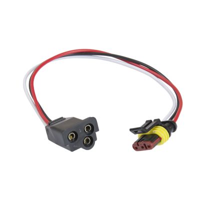 Weathertight pigtail with red, black, and white wires, featuring a yellow and black connector by Optronics.