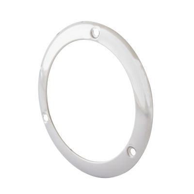 Stainless steel trim ring for flange mount lights, sleek and reflective design, showcasing durable craftsmanship.