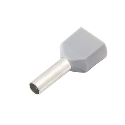 Gray twin insulated wire ferrule with metal pin, ideal for secure electrical connections and enhanced wire termination.