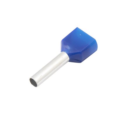 Blue twin insulated wire ferrule with metal pin, designed for secure electrical connections in wiring applications.