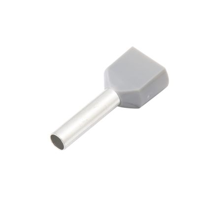 Gray twin insulated wire ferrule with extended pin, designed for secure wire connections, shown against a white background.