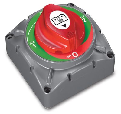 BEP heavy duty multiple selector gray and red battery switch on a white background