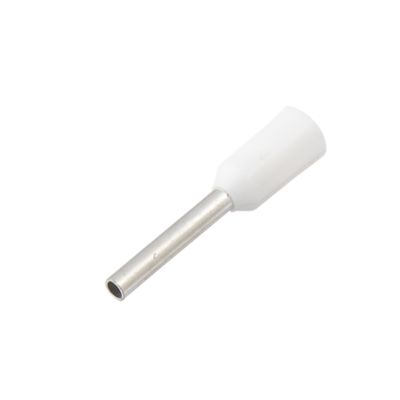 White insulated wire ferrule with a metal pin, ideal for securing wire connections and enhancing electrical safety.