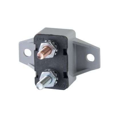 Gray auto reset circuit breaker with right angle mount, featuring dual terminals and sturdy plastic housing.