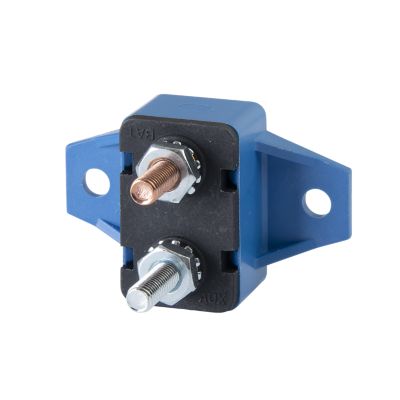 Blue plastic circuit breaker with right-angle mount, features two bolts for connection, ideal for auto reset applications.