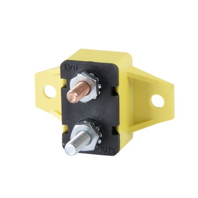 Yellow Optifuse Auto Reset Circuit Breaker, right angle mount, with dual connectors for 20A 32VDC systems.