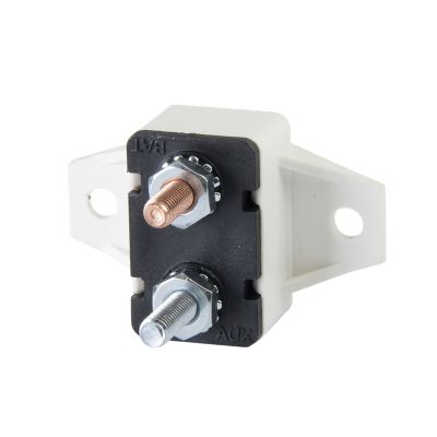 White Optifuse auto reset circuit breaker with right angle mount and dual terminal posts, suitable for 32V DC applications.