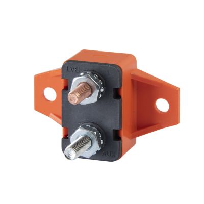 Orange auto reset circuit breaker with dual metal terminals and right angle mount design.
